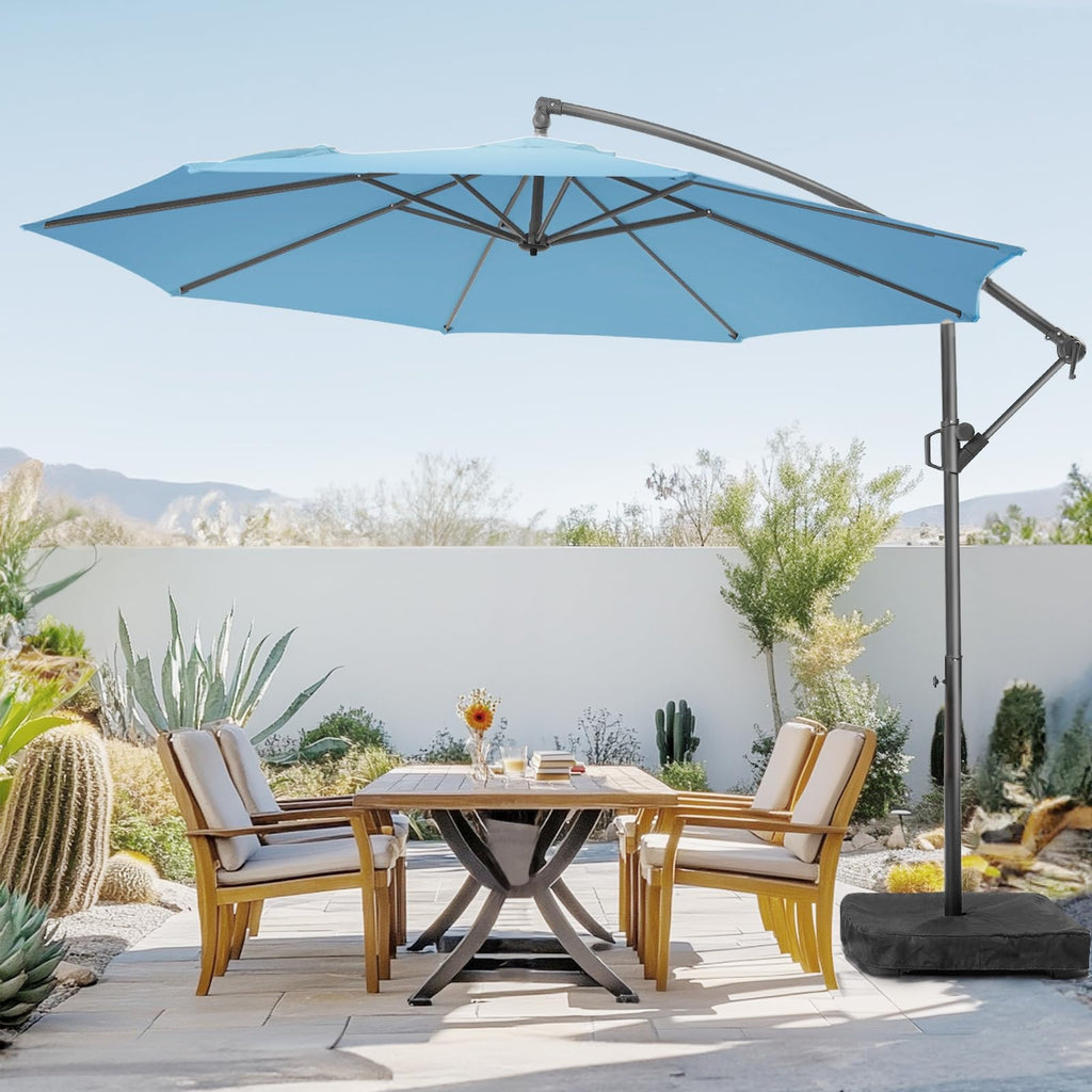 10ft Blue Offset Cantilever Patio Umbrella with Base M538