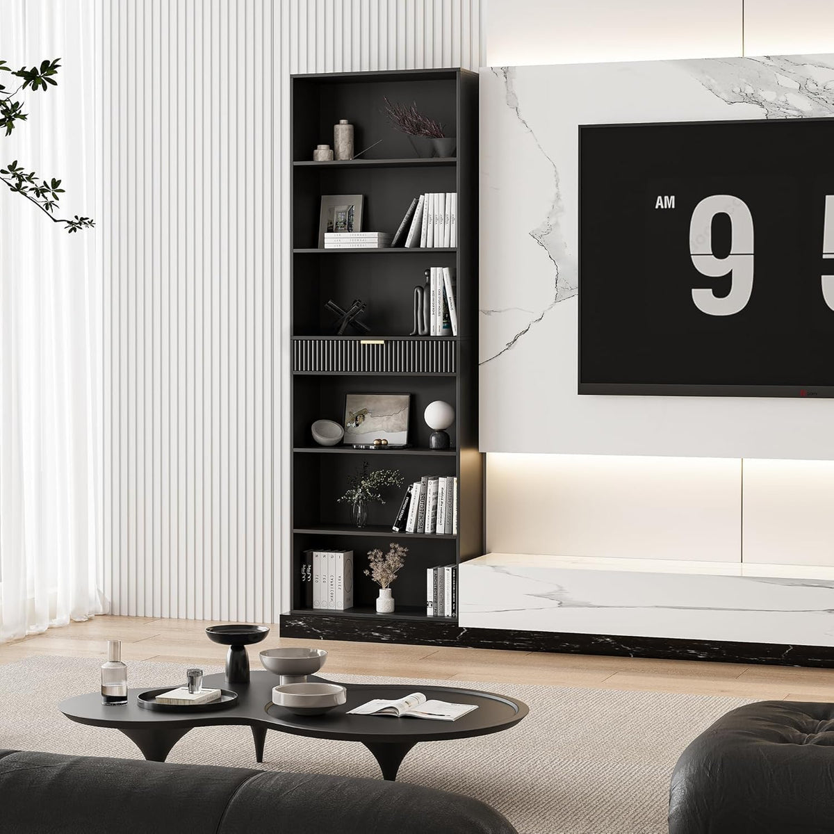 7-Tier Black Bookshelf with Drawer C80541
