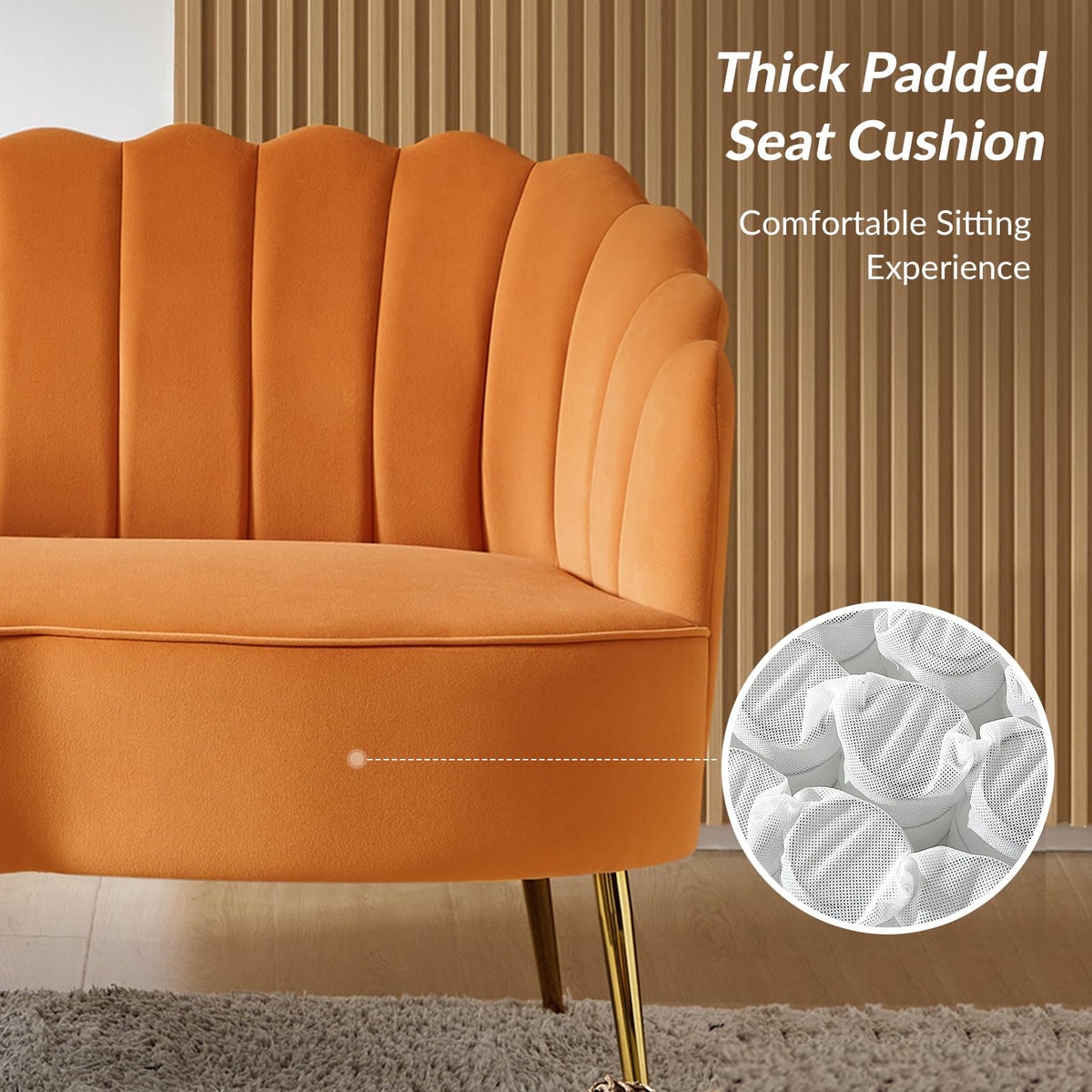 Orange Velvet 2-Seater Loveseat Sofa with Gold Metal Legs R9685