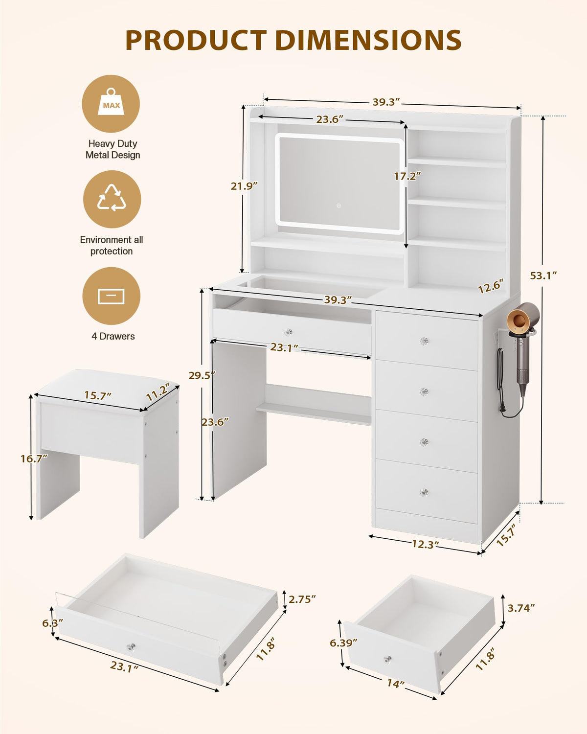 White Vanity Desk Set with Glass Desktop Q4881
