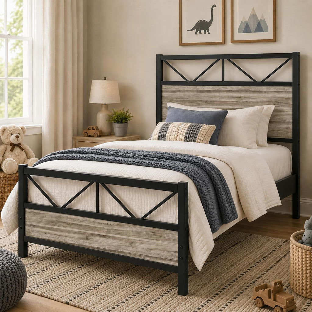Wash Grey Twin Size Bed Frame with Tall Headboard E752953