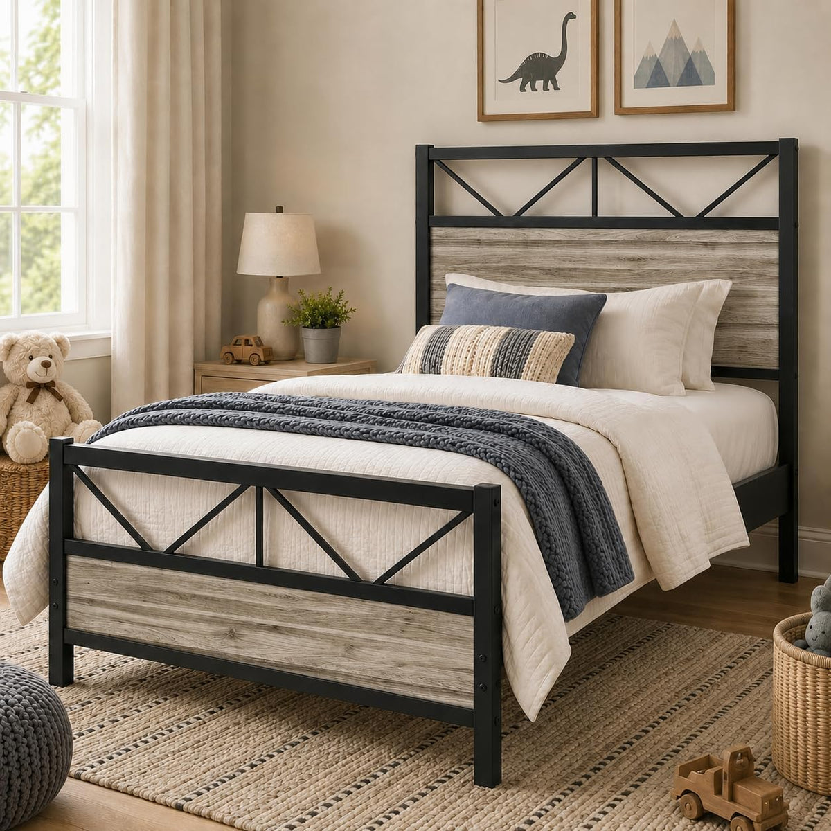 Wash Grey Twin Size Bed Frame with Tall Headboard E752953
