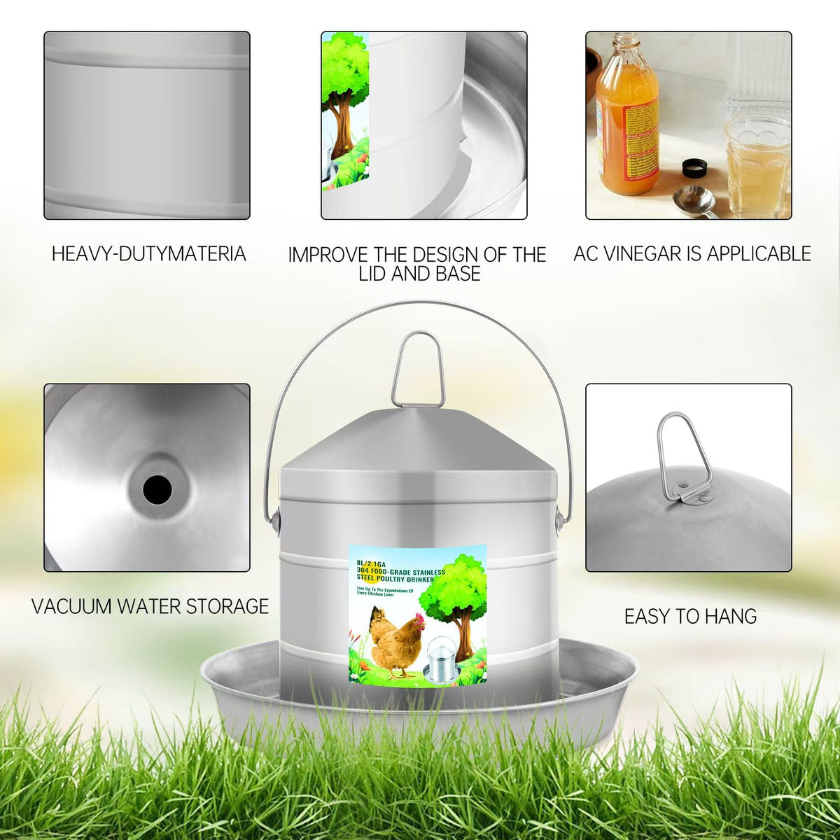 304 Food Grade Stainless Steel Automatic Chicken Waterer 8L/2.1Gal Y172897