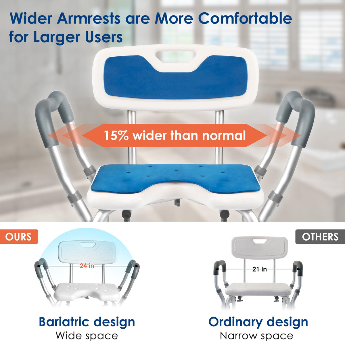 Extra Wide Padded Armrests Shower Chair, 500lbs Capacity, Aluminum M22216