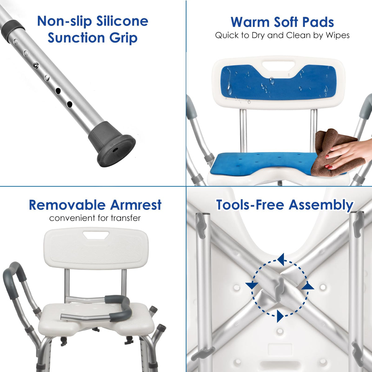 Extra Wide Padded Armrests Shower Chair, 500lbs Capacity, Aluminum M22216