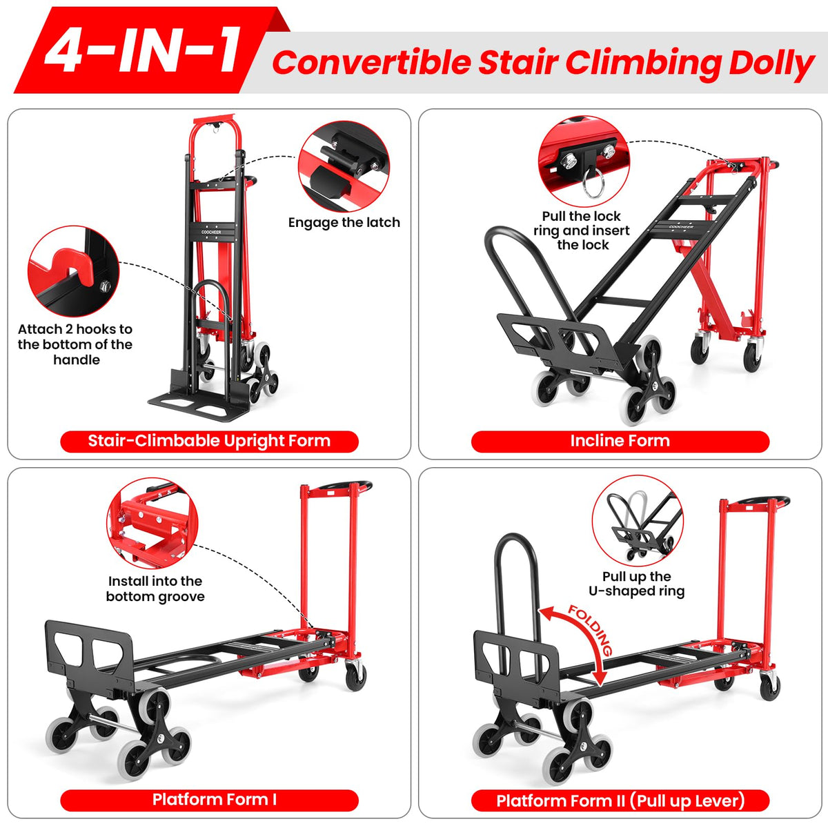 Heavy Duty 1000LBS 3 in 1 Convertible Folding Hand Truck Dolly Cart with Solid Wheels C1469