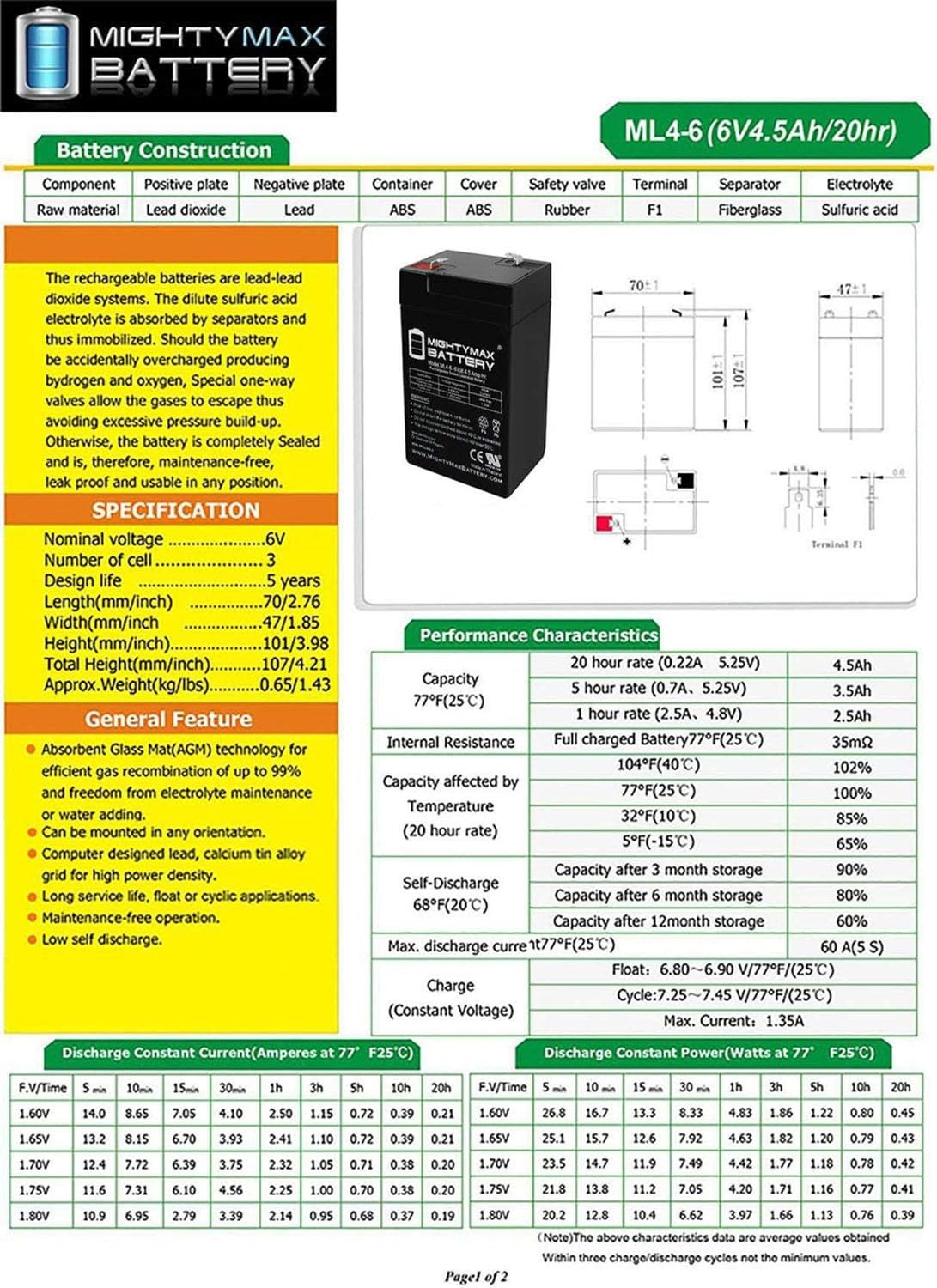 6V 4.5AH SLA Battery 2 Pack F519165