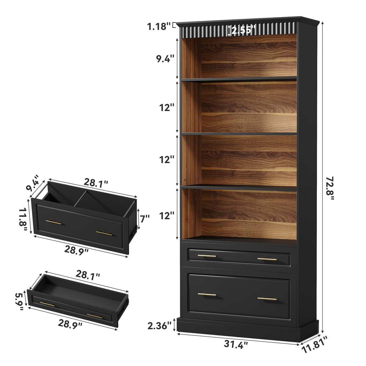 72" Tall Black 5-Tier Bookcase with 2 Drawers Q50660