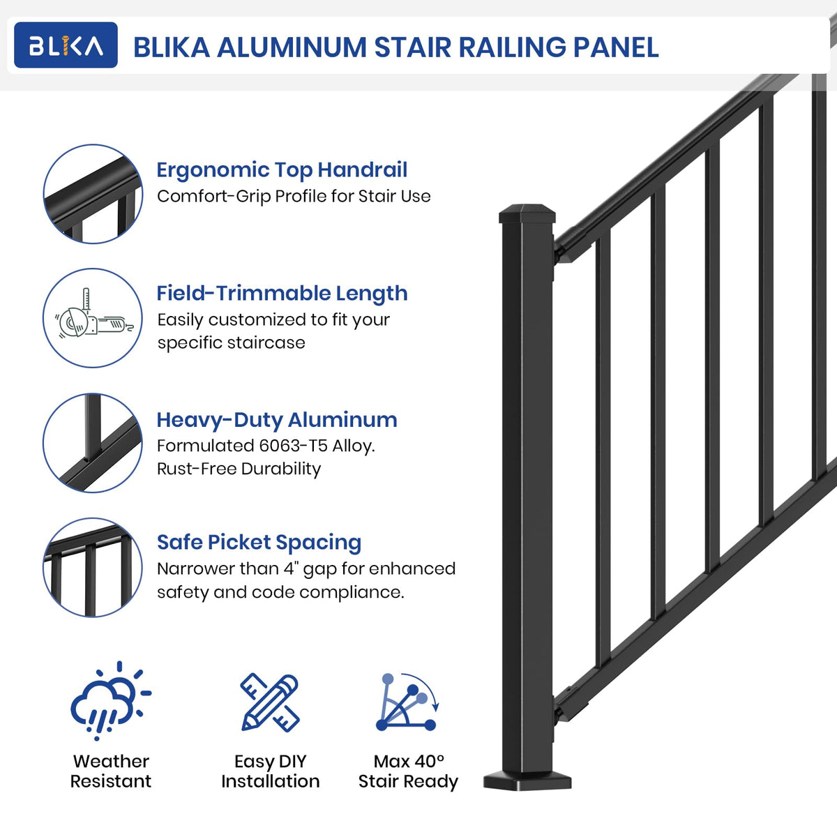 Aluminum Stair Railing Kit with Post, Matte Black N973