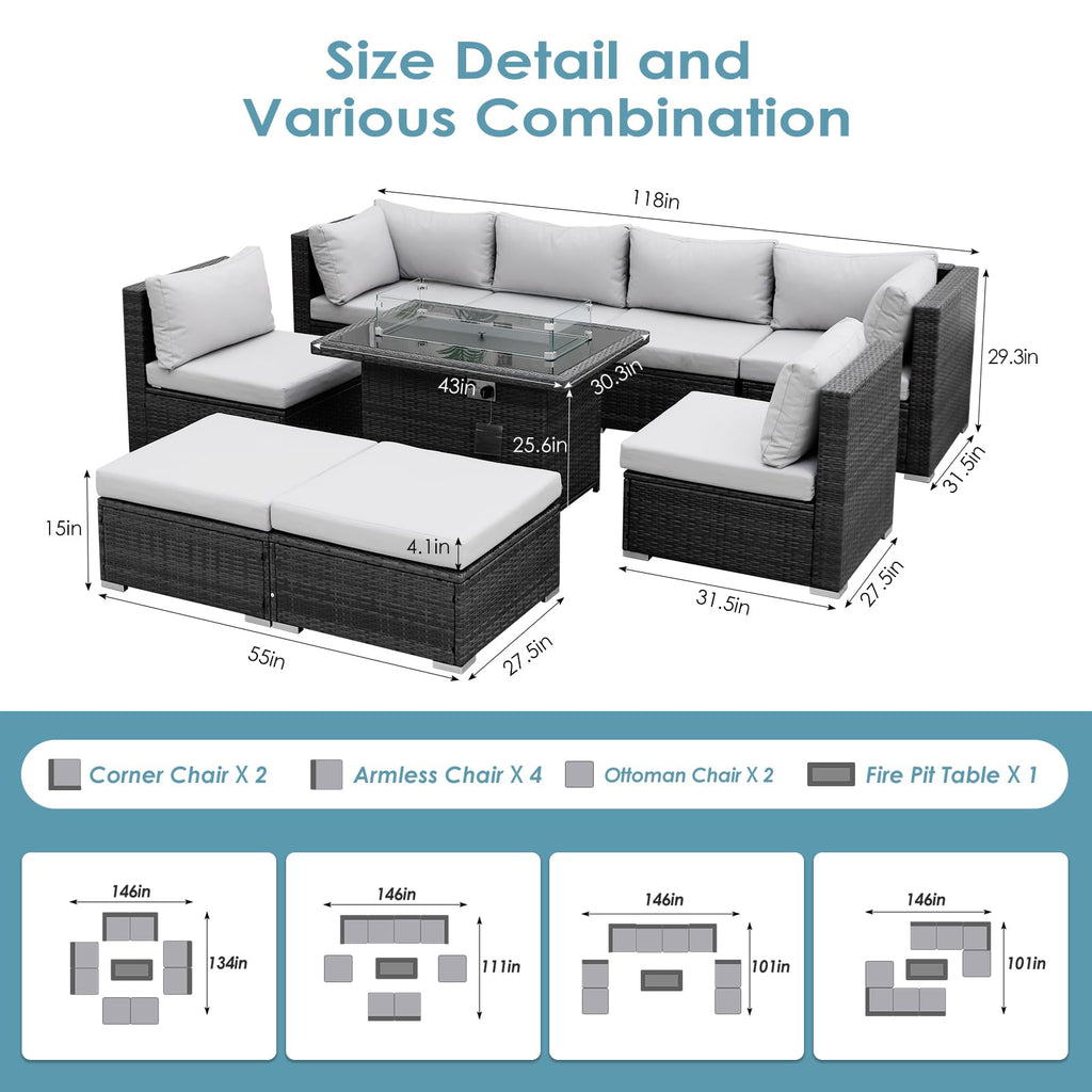 9 Piece Light Grey Patio Furniture Set with Fire Pit E14301