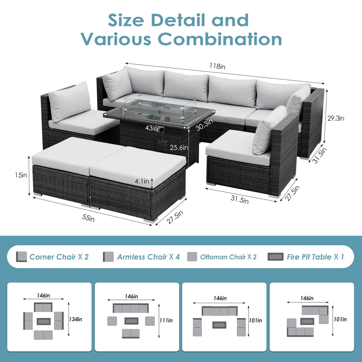 9 Piece Light Grey Patio Furniture Set with Fire Pit E14301