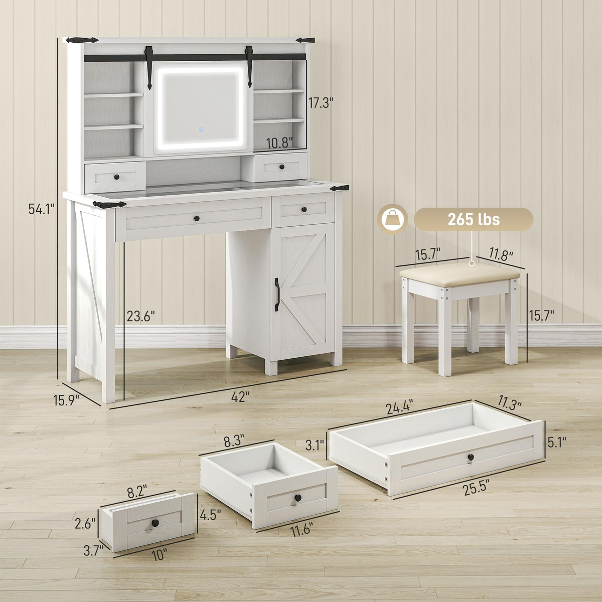 White Vanity Desk with Mirror, LED Lights, Stool K284