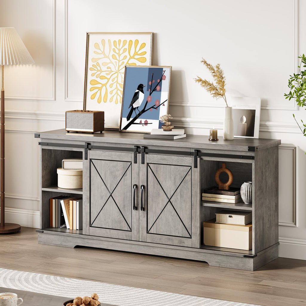 Farmhouse TV Stand with Sliding Barn Doors and Storage Cabinets O8057