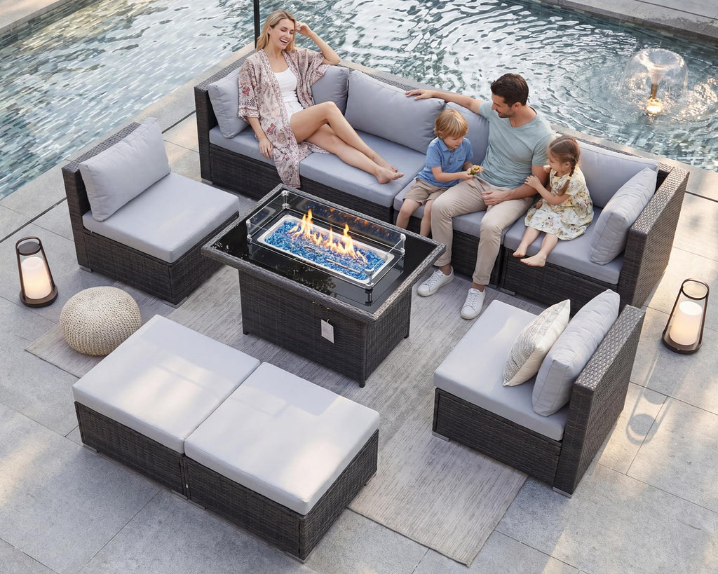 9 Piece Light Grey Patio Furniture Set with Fire Pit E14301