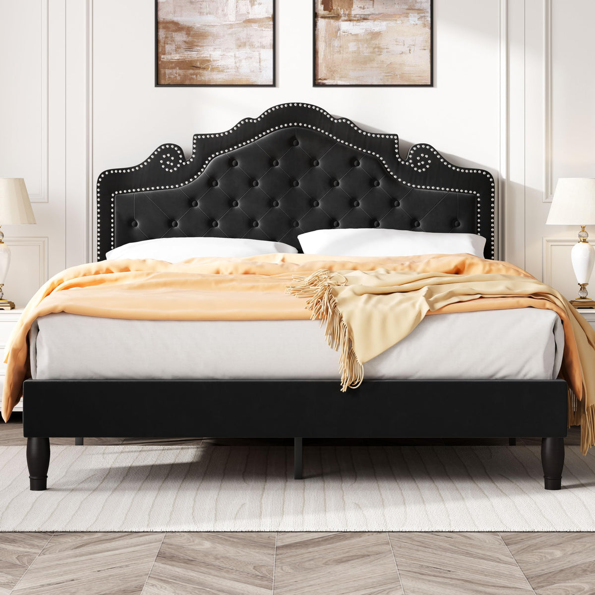 Queen Size Velvet Upholstered Bed Frame with Adjustable Headboard H8957