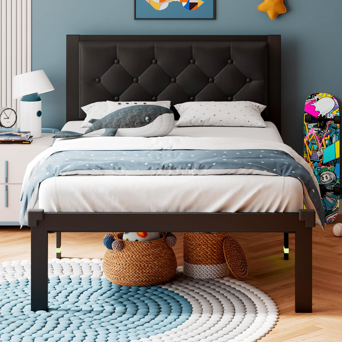 Twin Size Black Metal Platform Bed Frame with Faux Leather Button Tufted Headboard U417144