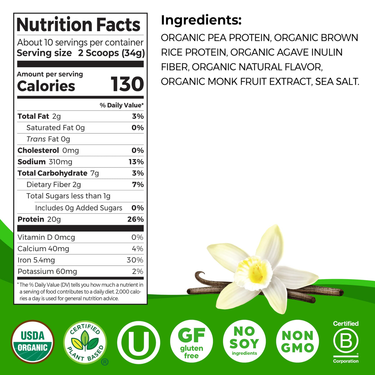Organic Vegan Protein Powder, 20g Plant Protein, Vanilla R311428