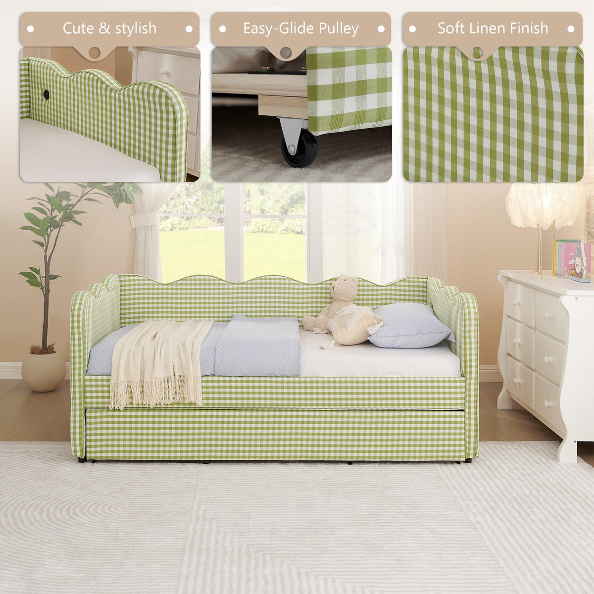 Twin Gingham Upholstered Daybed with Pop Up Trundle Bed P66502