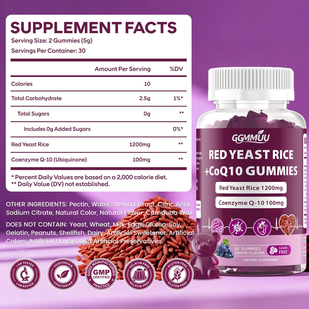 Red Yeast Rice with CoQ10 Gummies 1200mg Sugar Free 120 Count Y717878