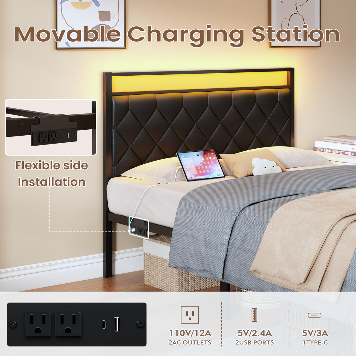 Full Size Black Metal Bed Frame with LED Lights & Charging Station F81128