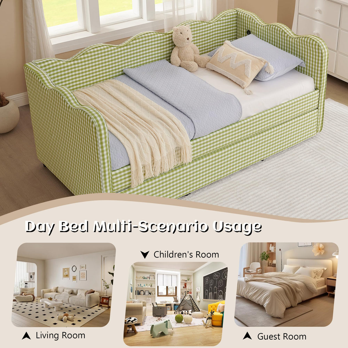 Twin Gingham Upholstered Daybed with Pop Up Trundle Bed P66502
