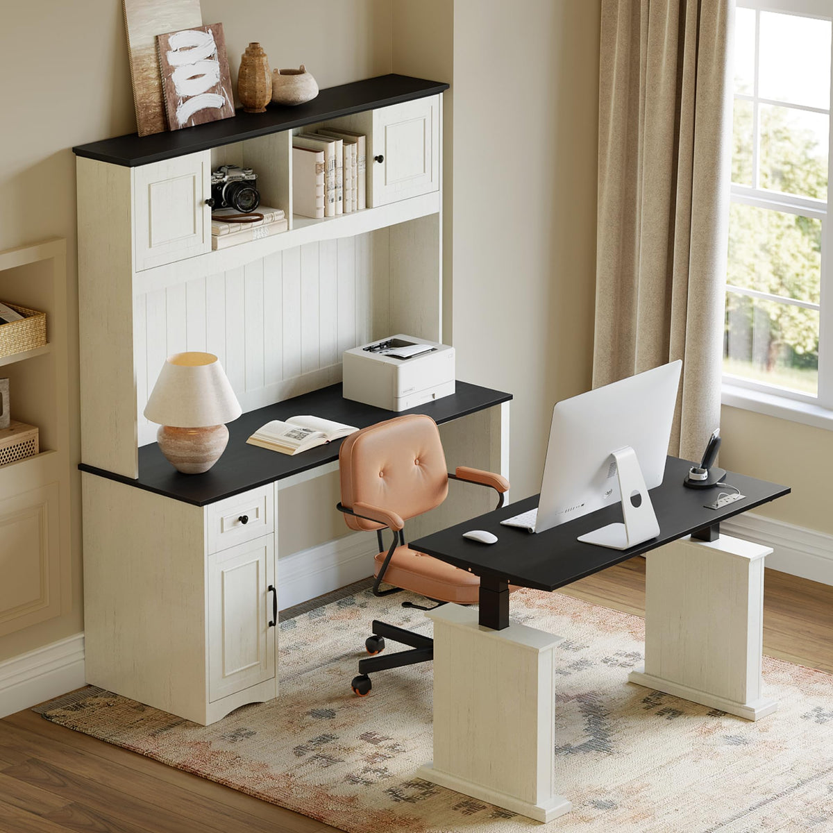 L Shaped Electric Standing Desk with Hutch and Drawers Z963450