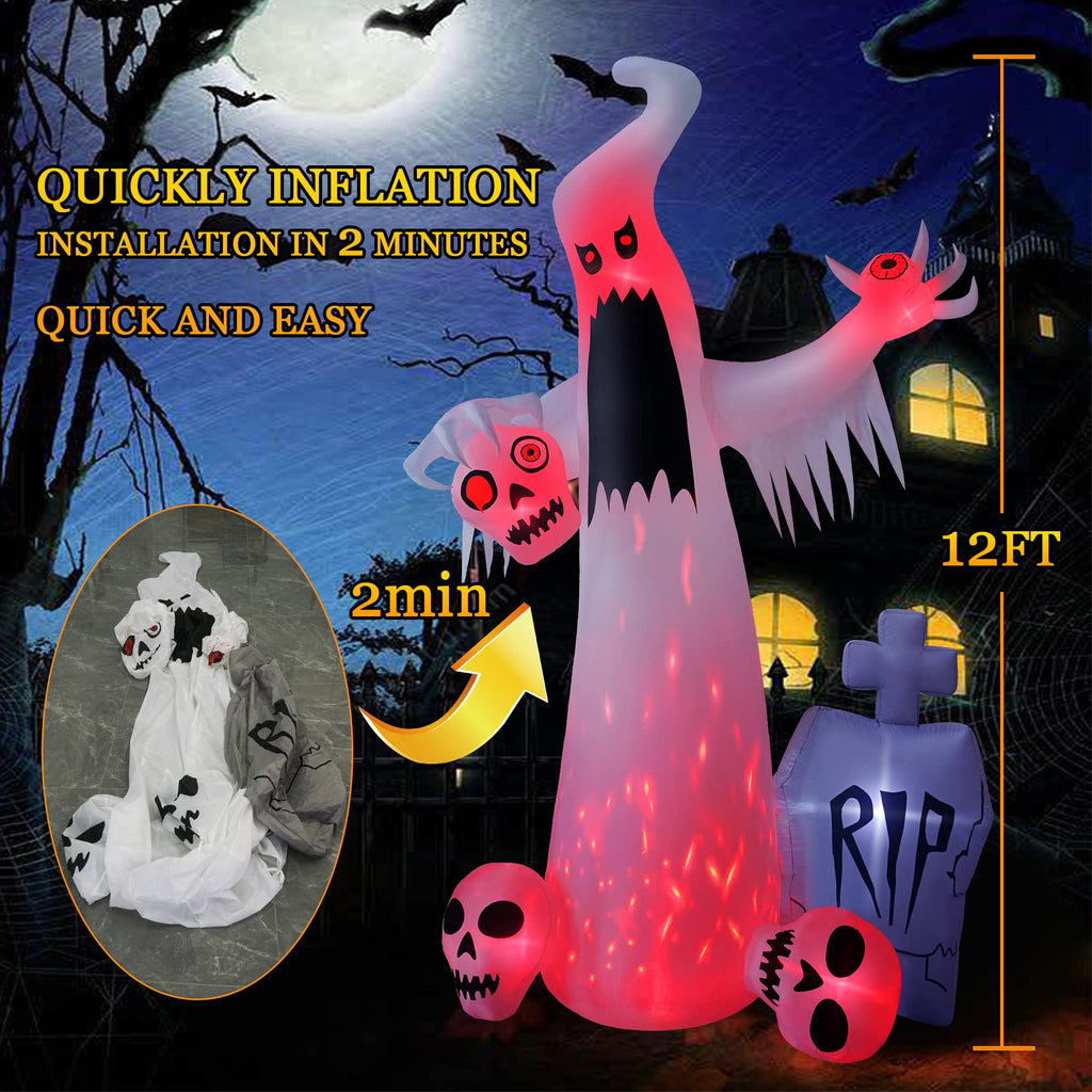 12 FT Halloween Inflatables Ghost with 3 Skulls X554