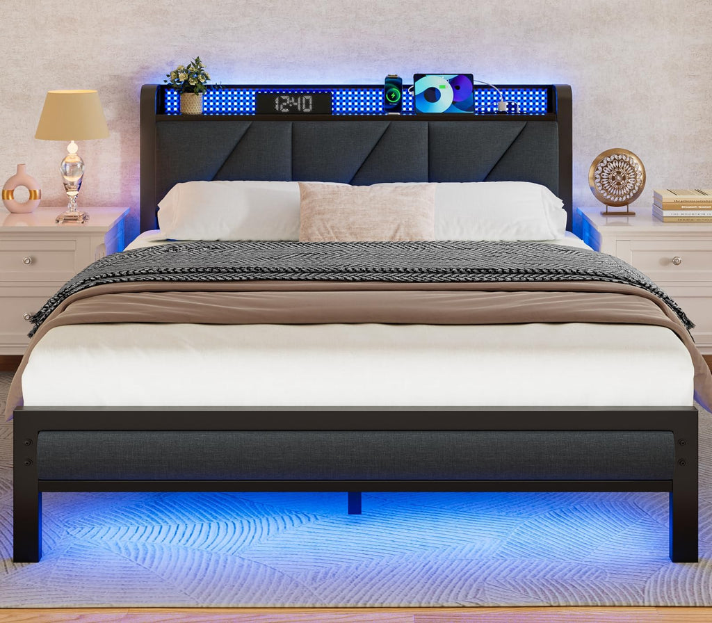 Full Size Bed Frame with Storage Shelf and Upholstered Headboard V881