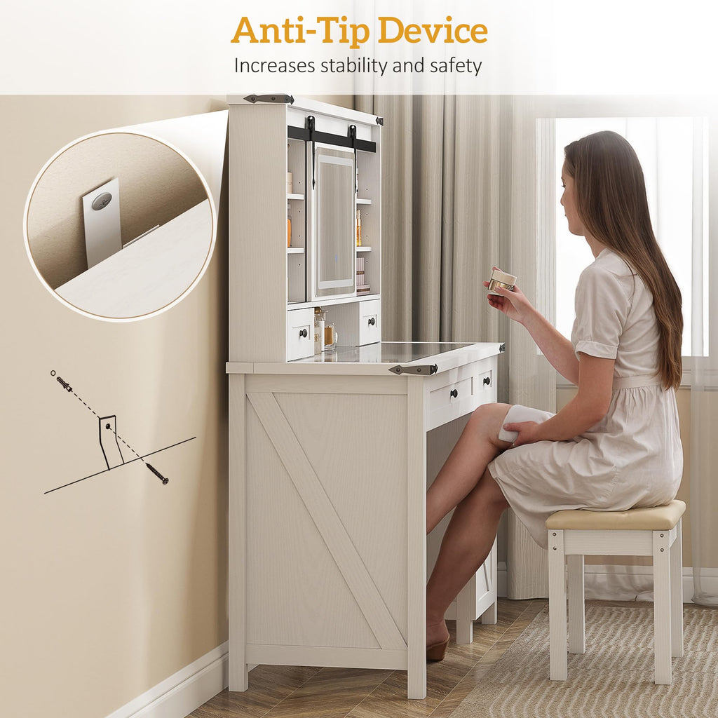 White Vanity Desk with Mirror, LED Lights, Stool K284