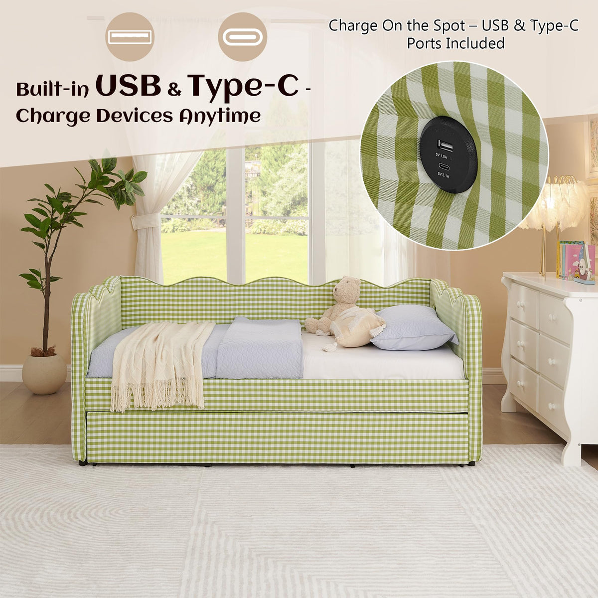 Twin Gingham Upholstered Daybed with Pop Up Trundle Bed P66502