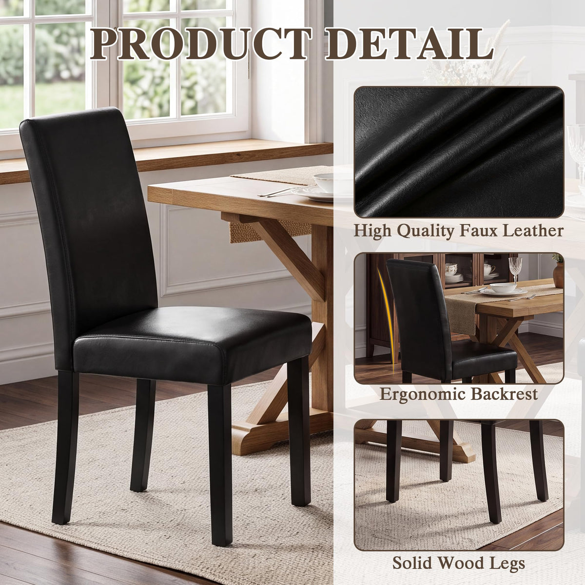 Black Upholstered Dining Chairs Set of 6 with Solid Wood Legs P96635
