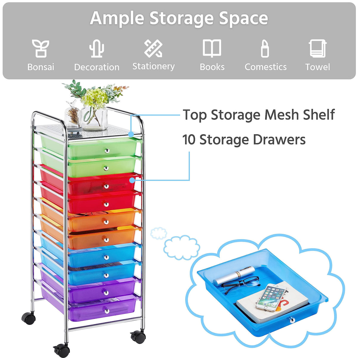 10 Drawer Rolling Storage Cart with Wheels D548