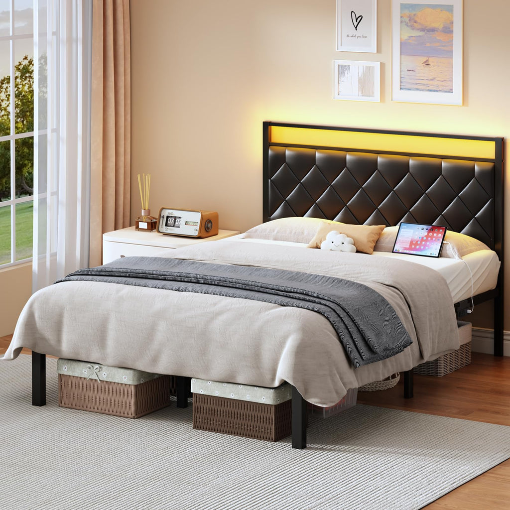 Full Size Black Metal Bed Frame with LED Lights & Charging Station F81128