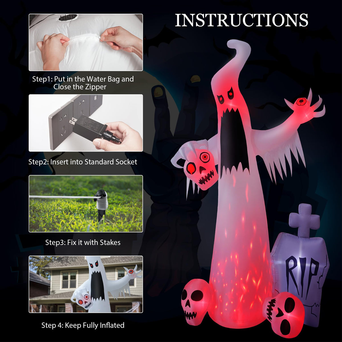 12 FT Halloween Inflatables Ghost with 3 Skulls X554
