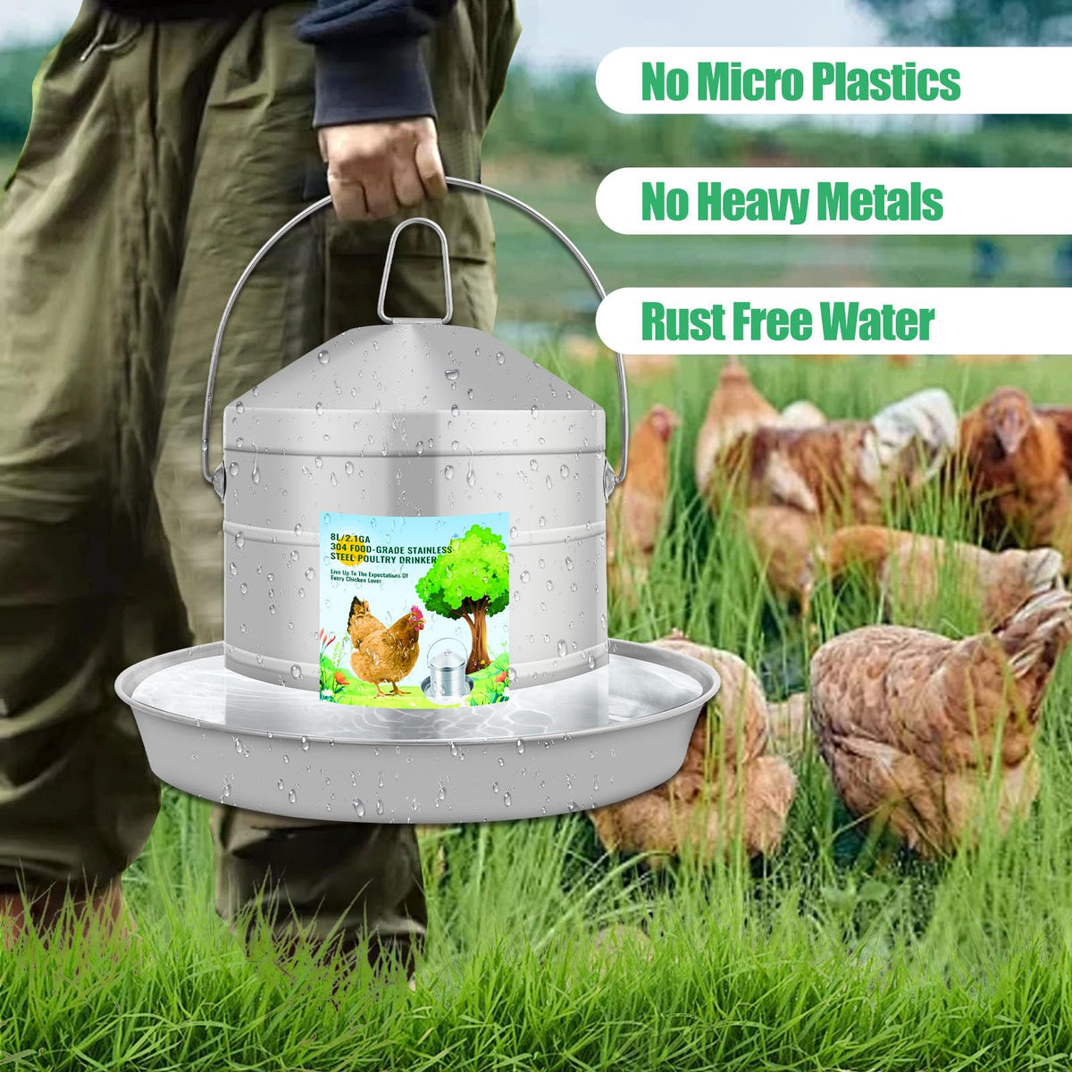 304 Food Grade Stainless Steel Automatic Chicken Waterer 8L/2.1Gal Y172897
