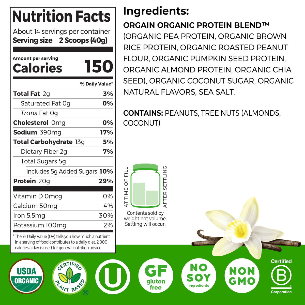 Organic Vegan Protein Powder, Vanilla, 1.25lb C8047
