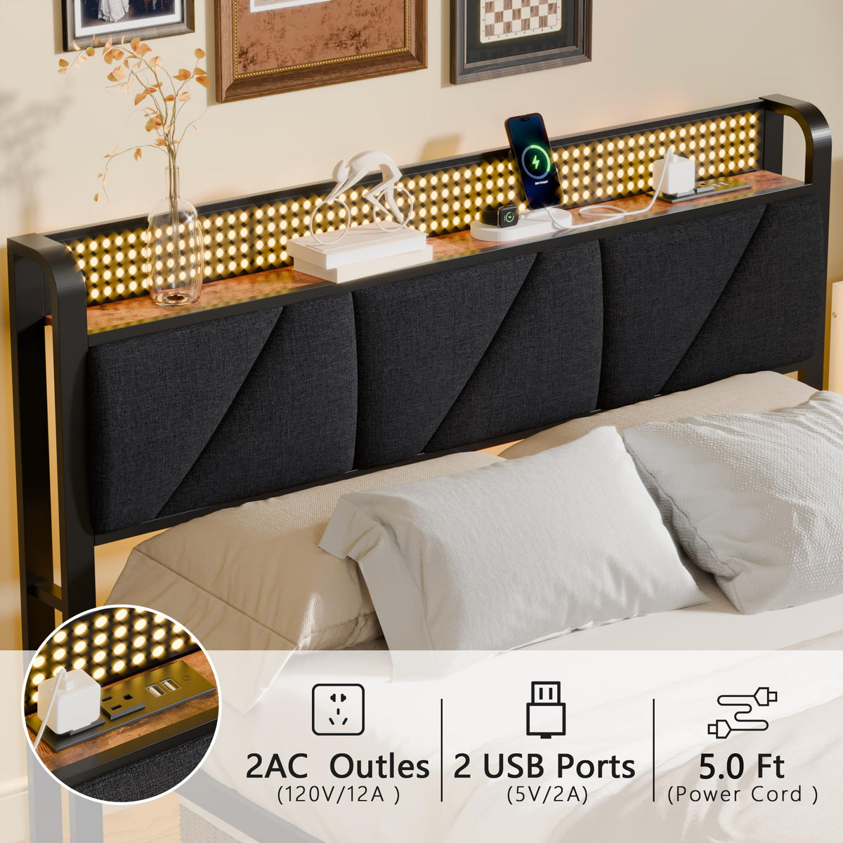 Full Size Bed Frame with Storage Shelf and Upholstered Headboard V881