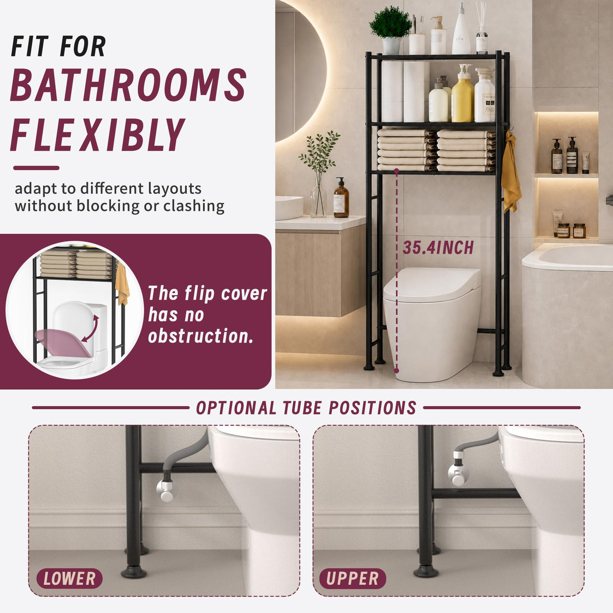 3-Tier Over The Toilet Storage Cabinet with Paper Holder and 4 Hooks J6025