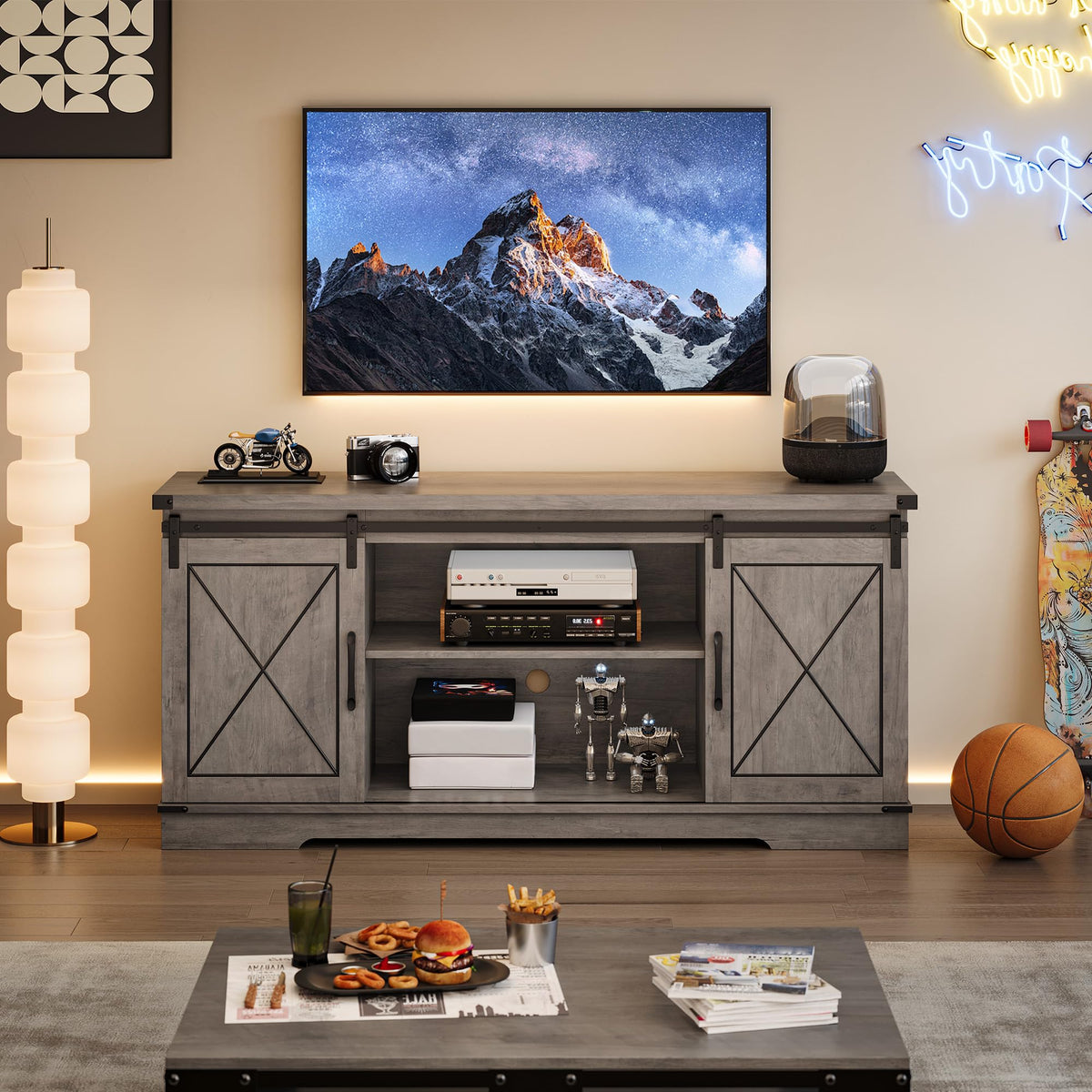 Farmhouse TV Stand with Storage Cabinets & Sliding Barn Door J651877