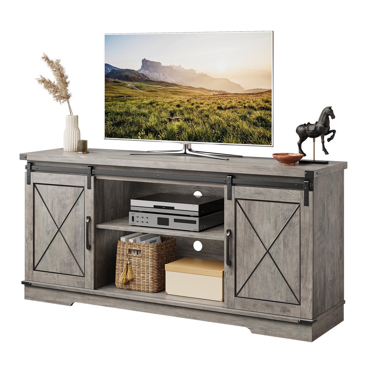Farmhouse TV Stand with Sliding Barn Doors and Storage Cabinets O8057