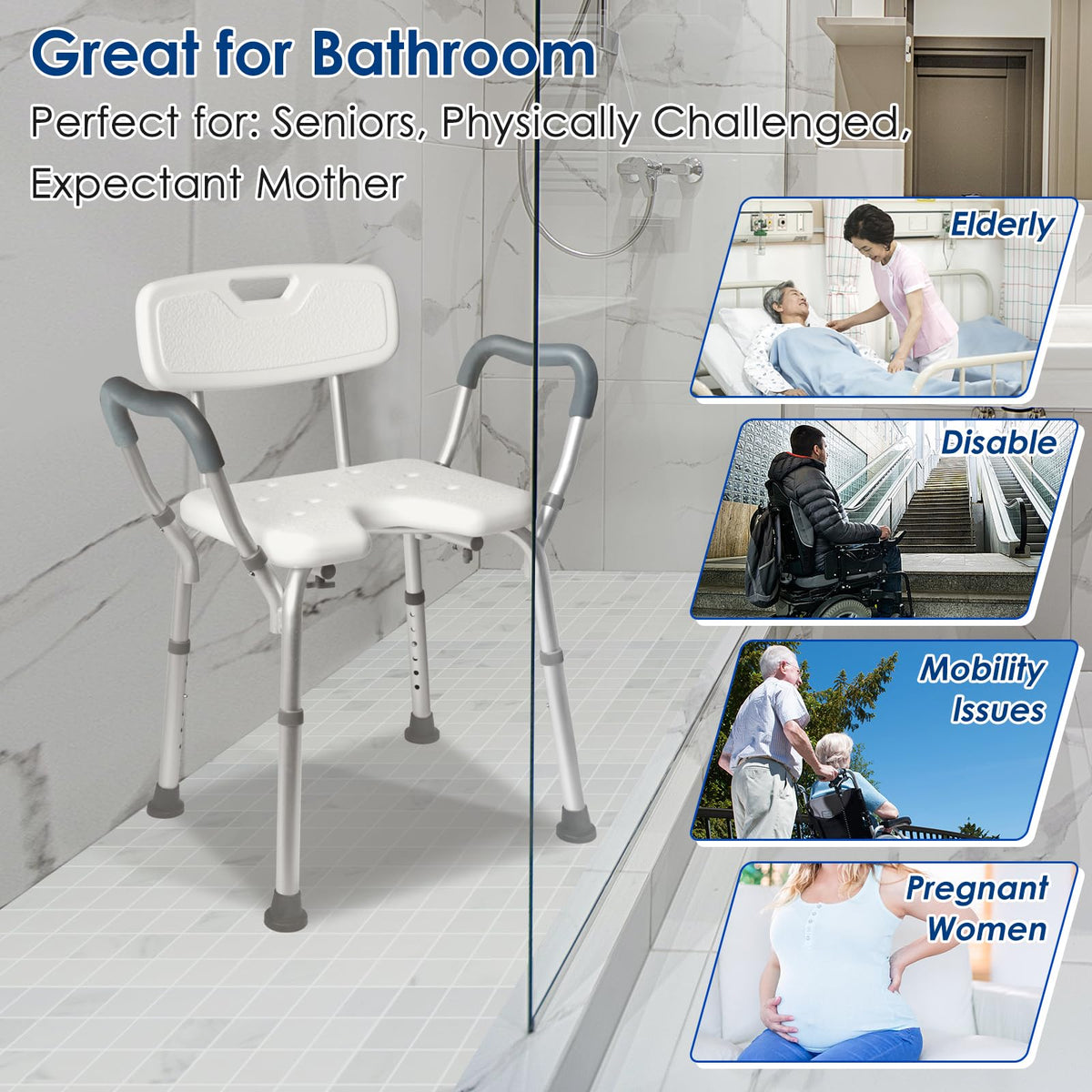 Extra Wide Padded Armrests Shower Chair, 500lbs Capacity, Aluminum M22216