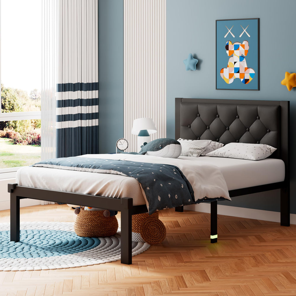 Twin Size Black Metal Platform Bed Frame with Faux Leather Button Tufted Headboard U417144