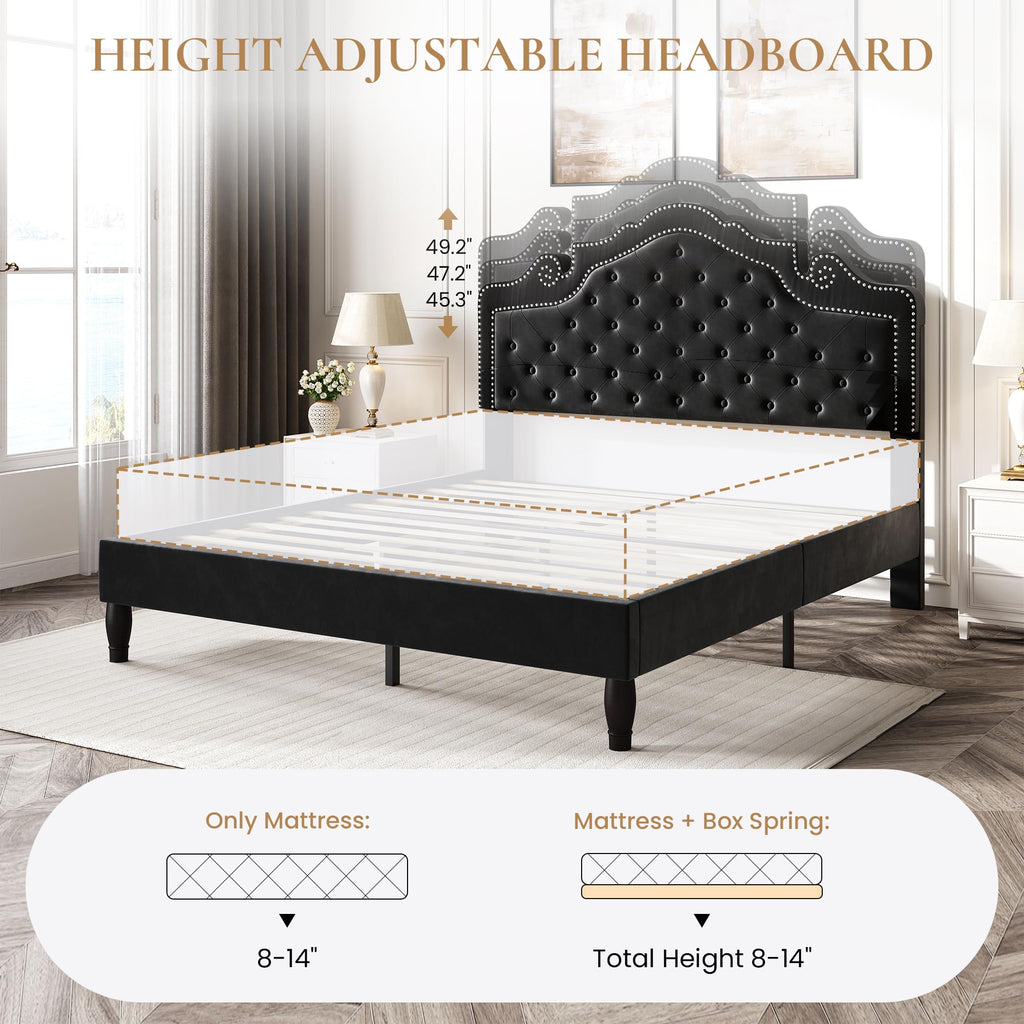 Queen Size Velvet Upholstered Bed Frame with Adjustable Headboard H8957