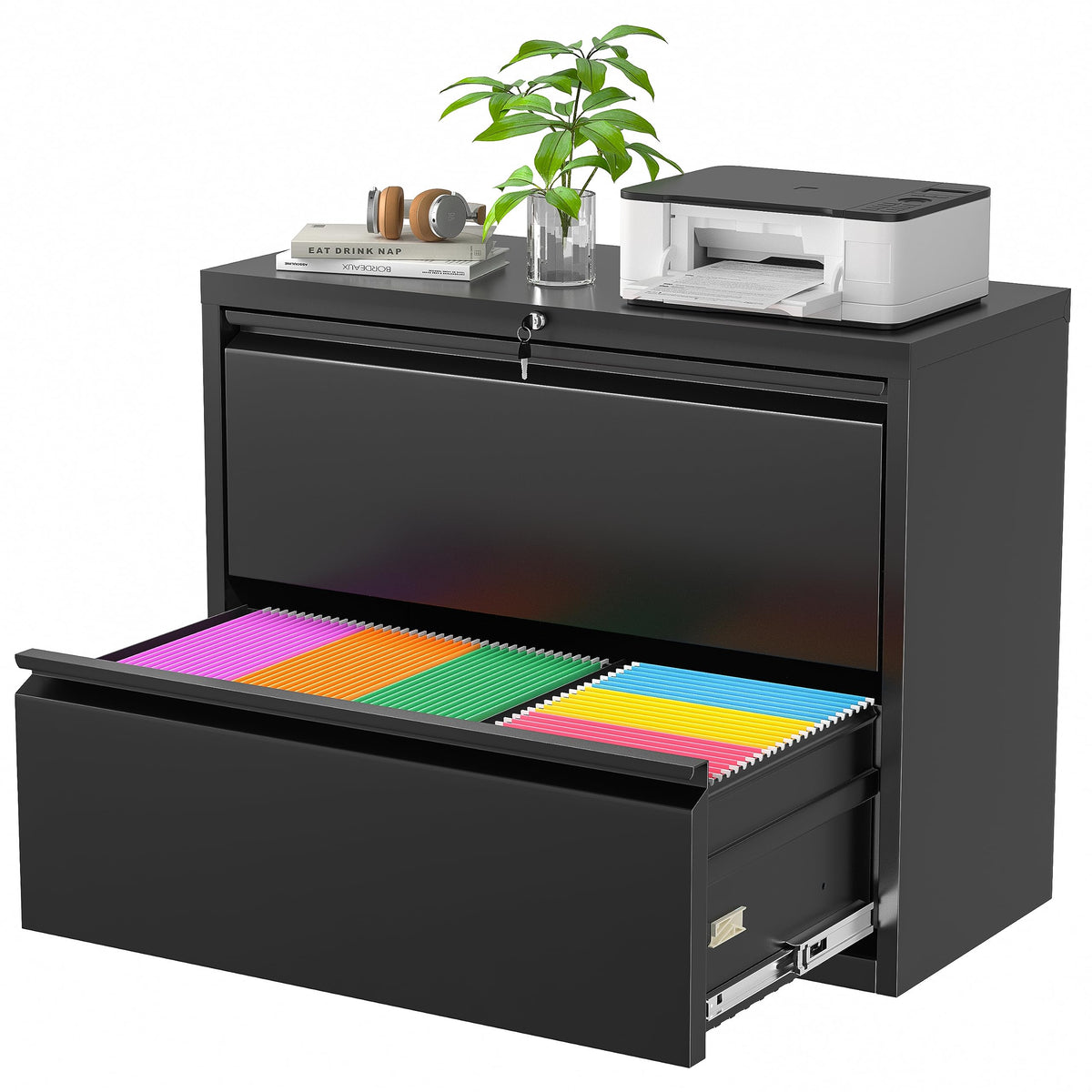 Black 2 Drawer Metal File Cabinet with Lock N37230