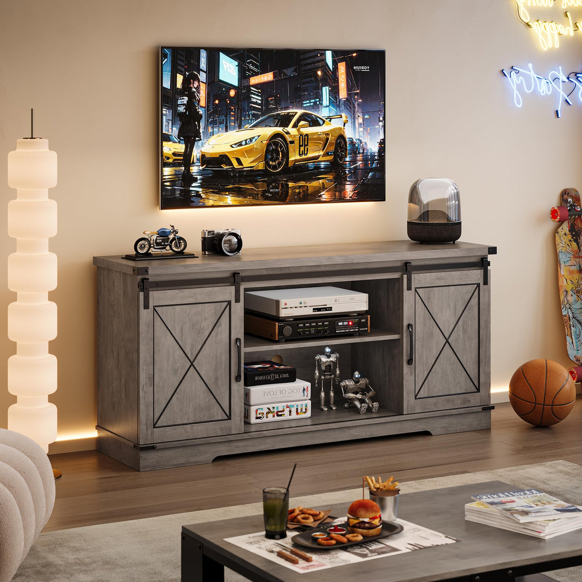 Farmhouse TV Stand with Sliding Barn Doors and Storage Cabinets O8057
