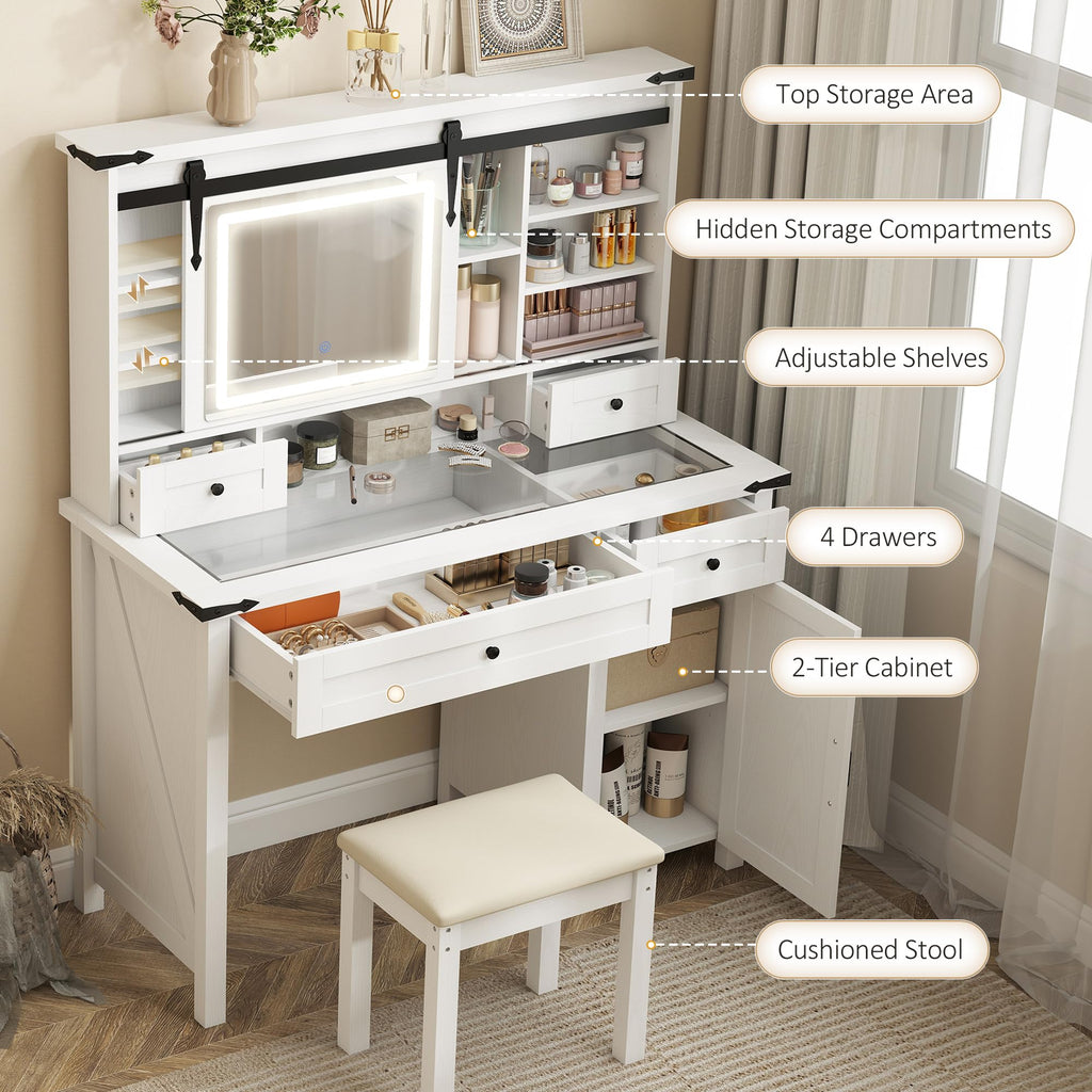 White Vanity Desk with Mirror, LED Lights, Stool K284