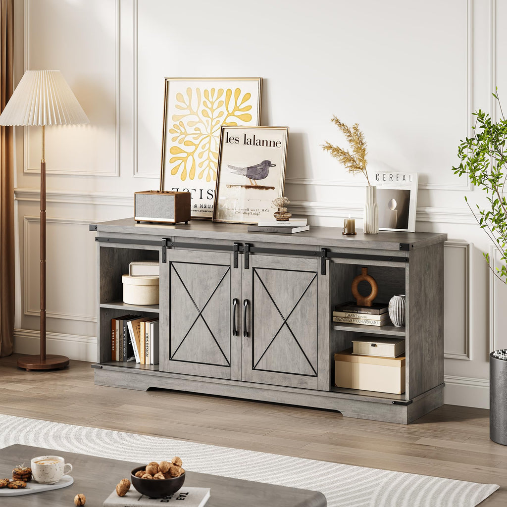 Farmhouse TV Stand with Sliding Barn Doors and Storage Cabinets O8057