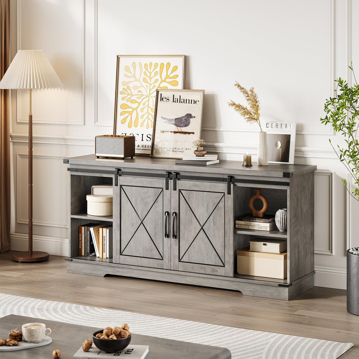 Farmhouse TV Stand with Sliding Barn Doors and Storage Cabinets O8057