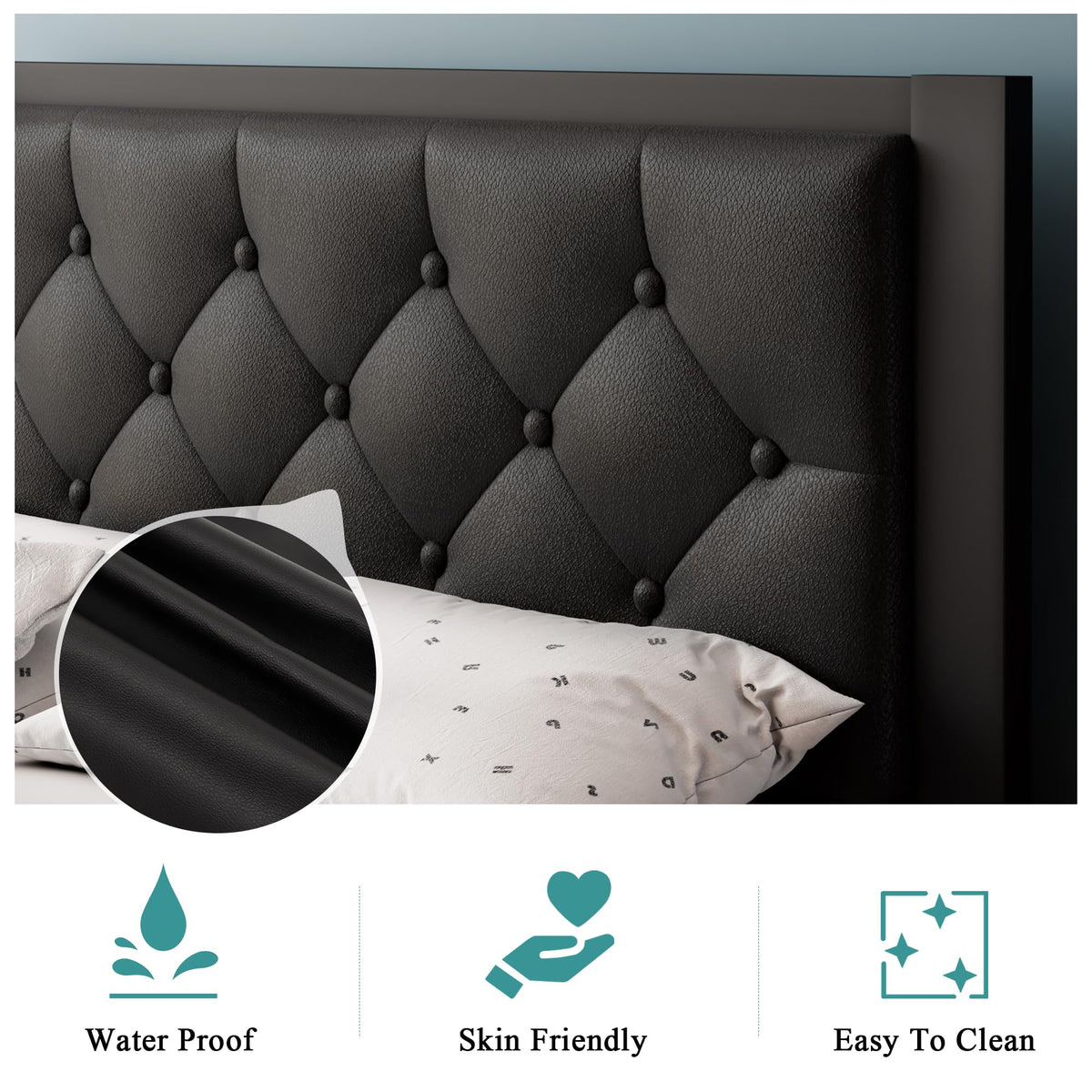 Twin Size Black Metal Platform Bed Frame with Faux Leather Button Tufted Headboard U417144