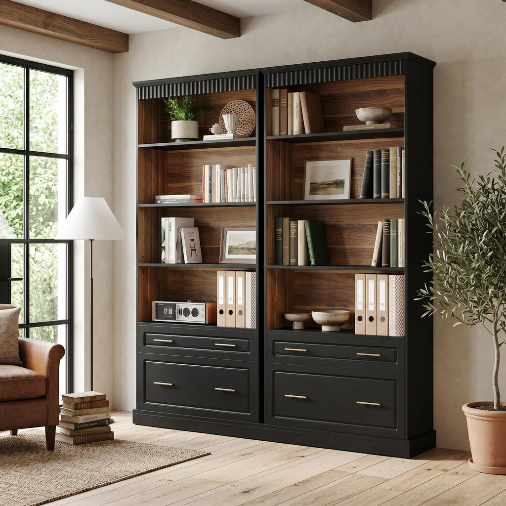 72" Tall Black 5-Tier Bookcase with 2 Drawers Q50660